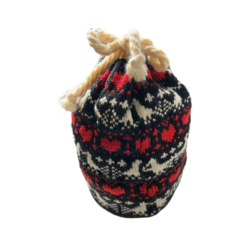Vintage Fair Isle Wool Beanie Nordic Scandi Ski Hat Red Black Heart Pattern OS